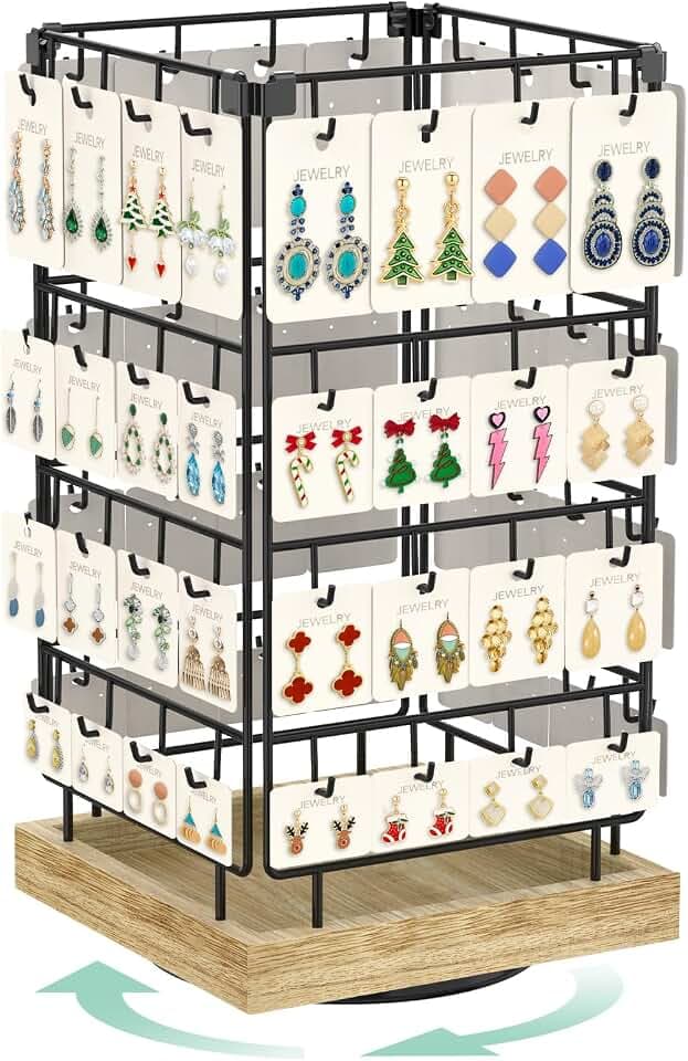 EsLuker.ly Rotierender Ohrringständer Ohrringe Aufbewahrung Ohrringhalter Organizer für Verkäufer, Ohrringkarten Schmuckaufbewahrung Earring Rack Display Stand mit 64 Haken, Eiche