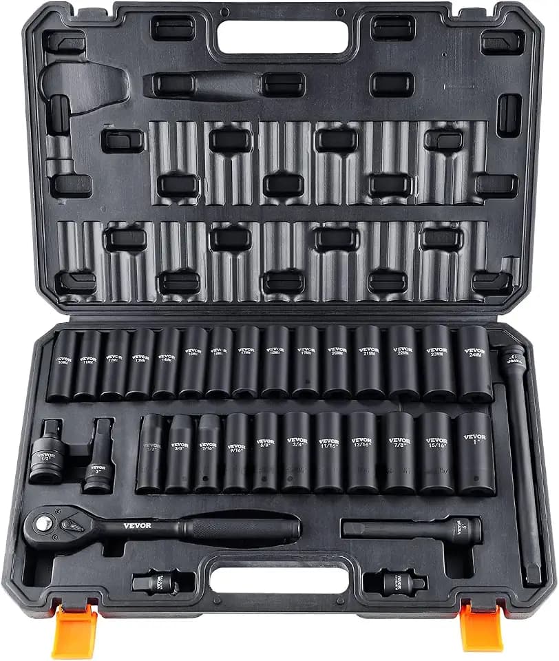 VEVOR Impact Socket Set 1/2" Drive, 33-Piece SAE (3/8 to 1 inch) & Metric (10 to 24 mm) Size, CR-V, 6 Point Standard Deep Socket Set with Extension Bar, Universal Joint, Adapter, Reducer