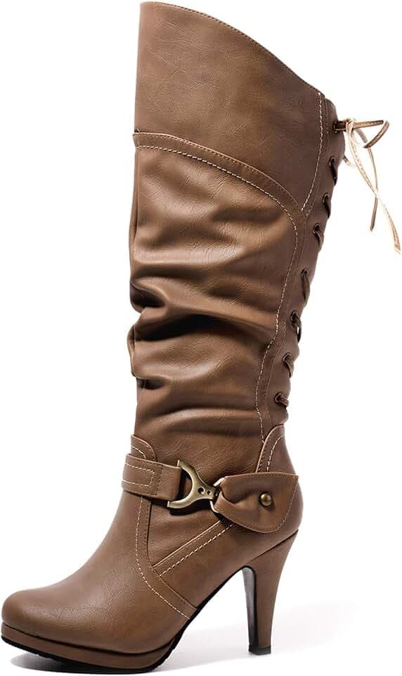 katliu Women's Heeled Knee High Boots Back Lace Up Slouchy High Heel Boots Khaki 5.5