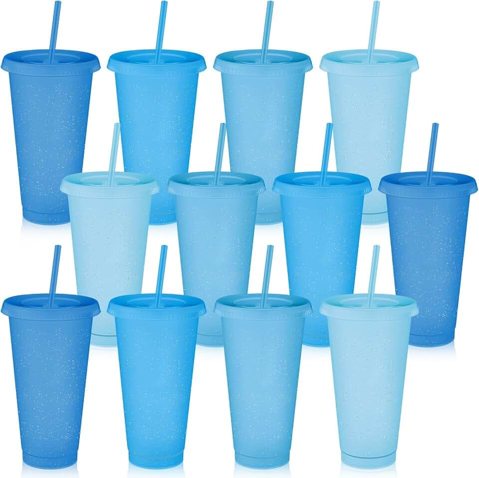 Skylety 12 Pcs Blue Glitter Plastic Cups with Lids and Straws 24 oz