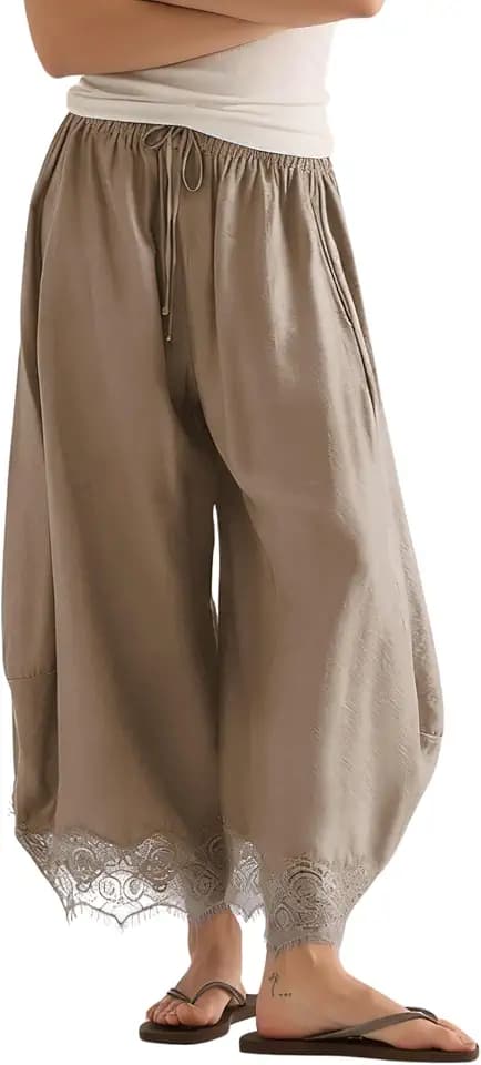 PUWEI Women's Cropped Lace Hem Pants High Waist Drawstring Wide Leg Pants