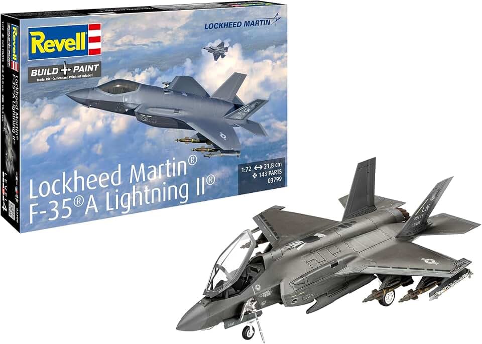 Revell Modellbausatz Lockheed Martin F-35A Lightning II – 1:72 Tarnkappenflugzeug, Detailgetreu, 3 Versionen, Waffenbestückung, JDAM, Paveway II, Modellbau für Militärflugzeug-Sammler