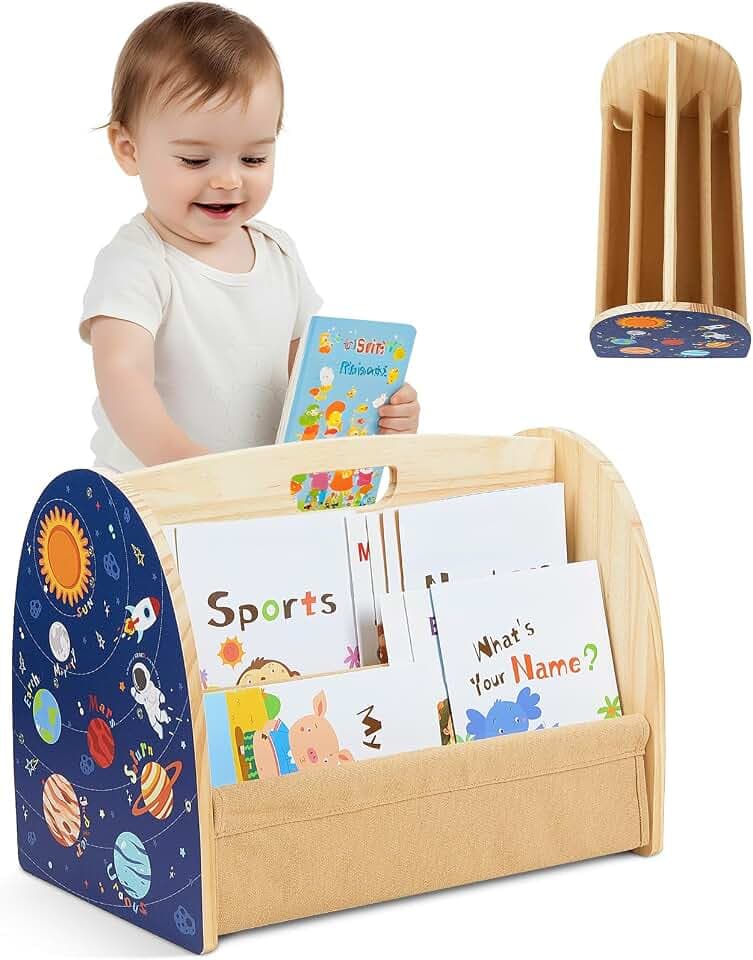 Toddler Bookshelf Double-Sided with 4 Tier Deep Sleeves Kids Wooden Montessori Book Rack for Baby Nursery Room, Playroom, Classroom or Bedroom Bookcase Storage Organizer, Blue Astronaut