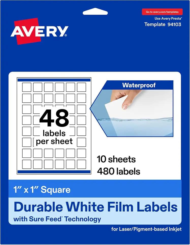 Avery® Printable Durable White Square Labels, Sure Feed® Technology, 1" x 1", Print-to-the-Edge, Waterproof Labels, Laser & Pigment-Based Inkjet Compatible, 480 Total