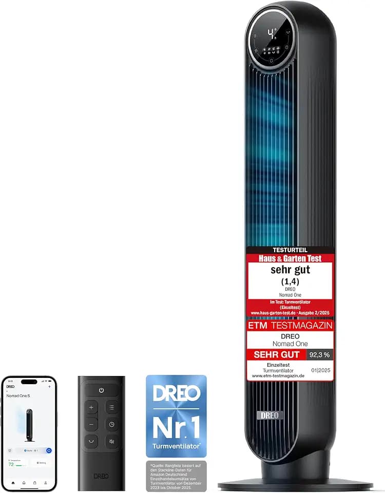 DREO Smart Leiser Turmventilator, APP & Sprachsteuerung, 90° oszillierender Ventilator mit Fernbedienung, 4 Modi, 4 Geschwindigkeiten, 8 Std. Timer, Nomad One S, Schwaz