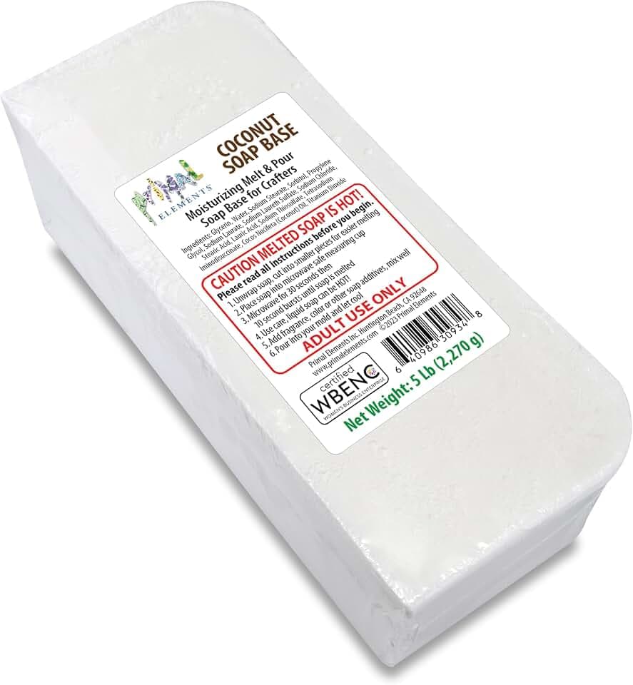 Primal Elements Coconut Oil Soap Base - Moisturizing Melt and Pour Glycerin Soap Base for Crafting and Soap Making, Easy to Cut - 5 Pound