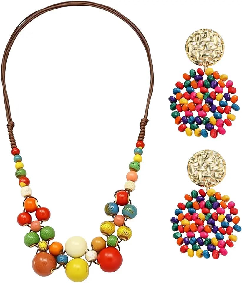 Hippie Boho Ceramic Beaded Necklace Earrings Set, Adjustable Chunky