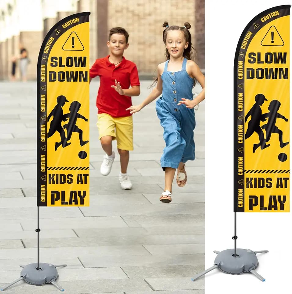 Preboun 1 Pack Slow Down Feather Flag 8.5ft, Caution Safety Warning Sign