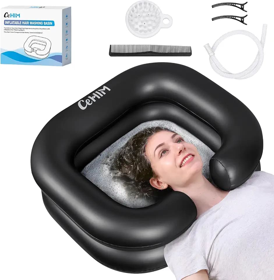 Black Inflatable Shampoo Basin - Stain-Resistant Portable Shampoo Bowl for Bedridden, Elderly, Disabled - 15in Inner Hair Washing Basin for Home Care