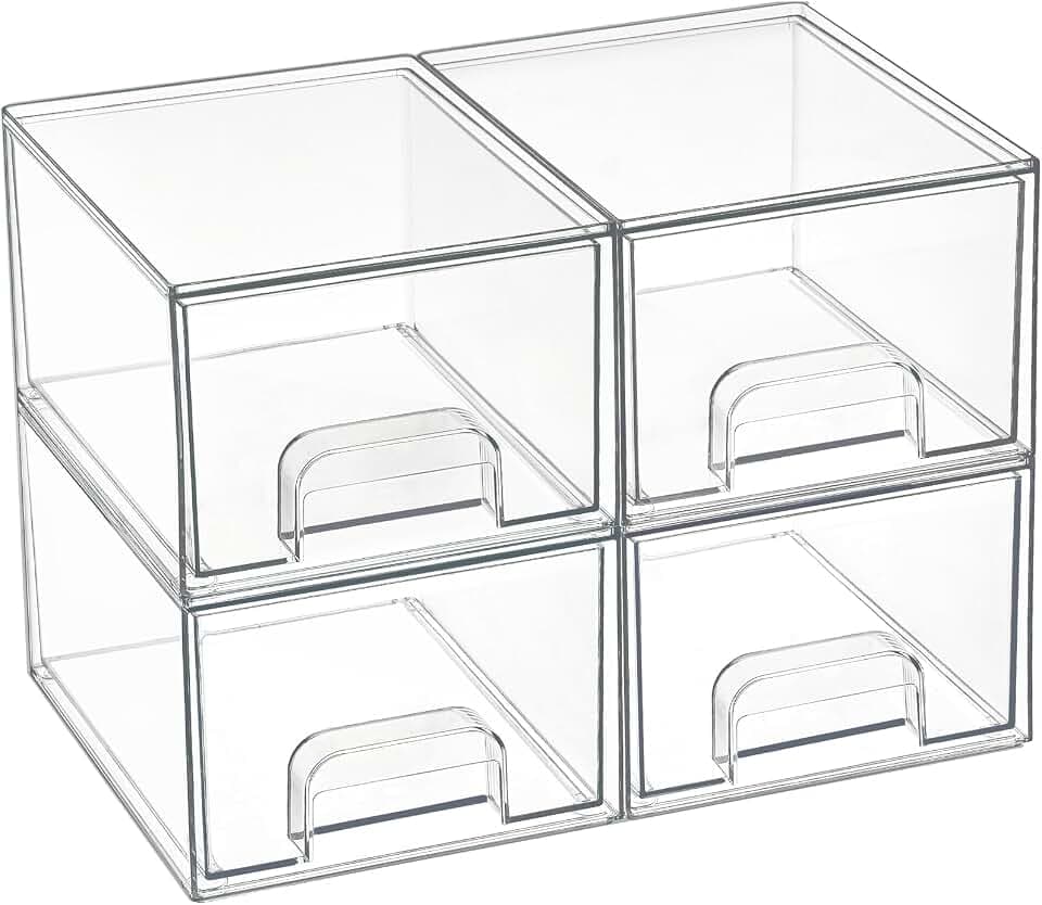 Vtopmart 4 Pack Stackable Storage Drawers, Acrylic Organiser with 32 Non-slip Mat, Acrylic Drawer Organiser for Dresser, Bathroom
