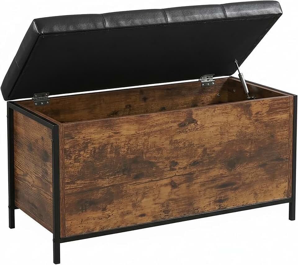 Relaxdays Sitzbank, Stauraum, gepolstert, Kunstleder, Industrial, HBT: 50x80x40 cm, Sitztruhe Flur, Dunkelbraun/schwarz
