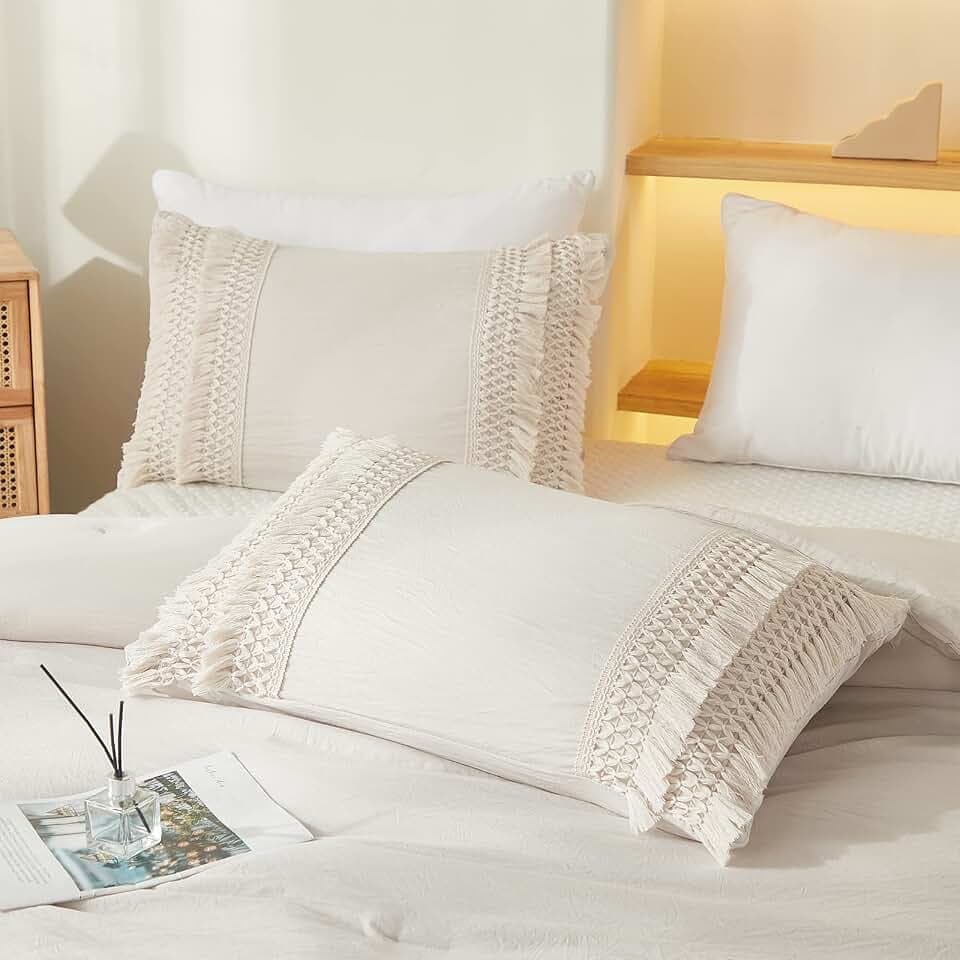Beige Pillowcases, Macrame Tassel Pillow Cases Set of 2, 100% Washed Microfiber, Cream Decor Tassel Boho Pillow Cover, 2 Pack (King, Beige Tassel)