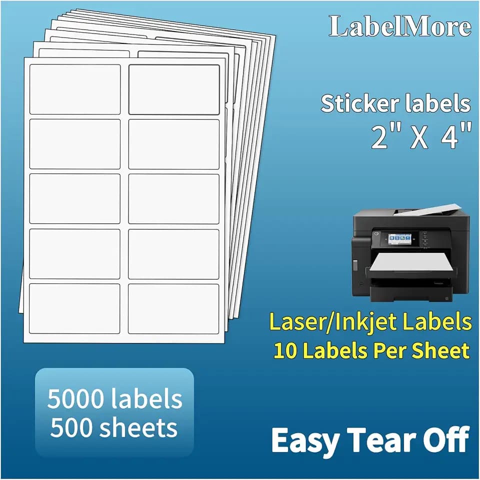 LabelMore 2 x 4 Shipping Labels for Laser or Inkjet Printable, 5000 Labels - 500 Sheets