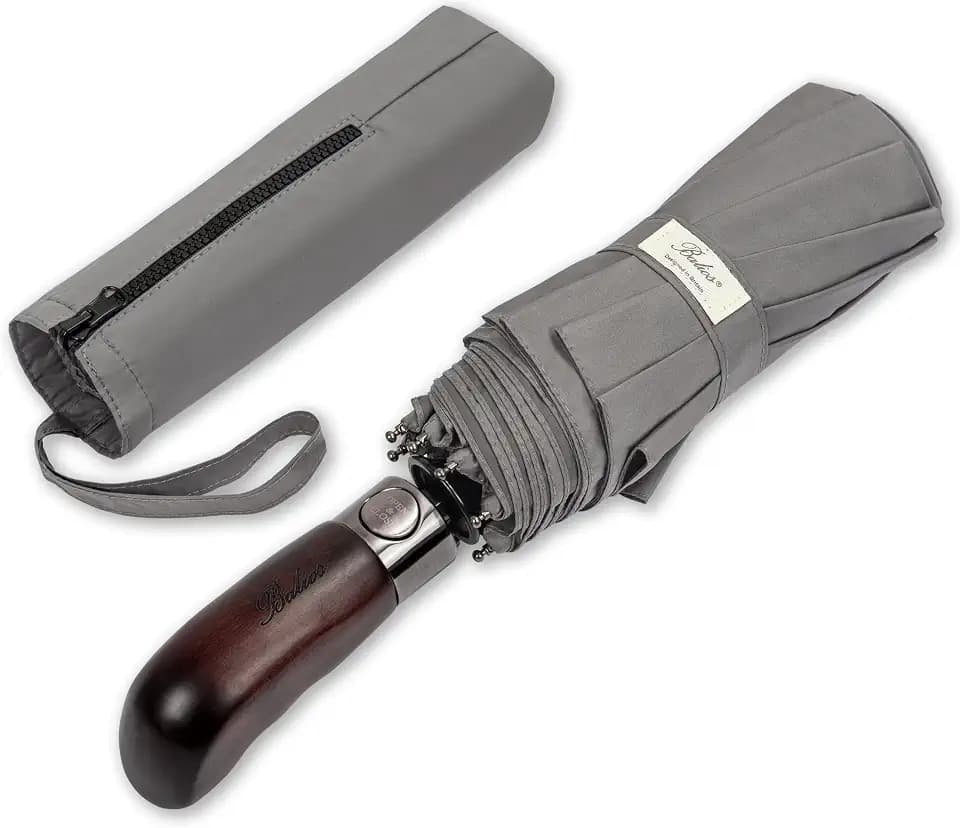 Balios® Regenschirm mit echtem Holzgriff | Auf Zu Automatik | Sturmfest & Windsicher | Damen & Herren Metalic Grau (Designed in Britain)