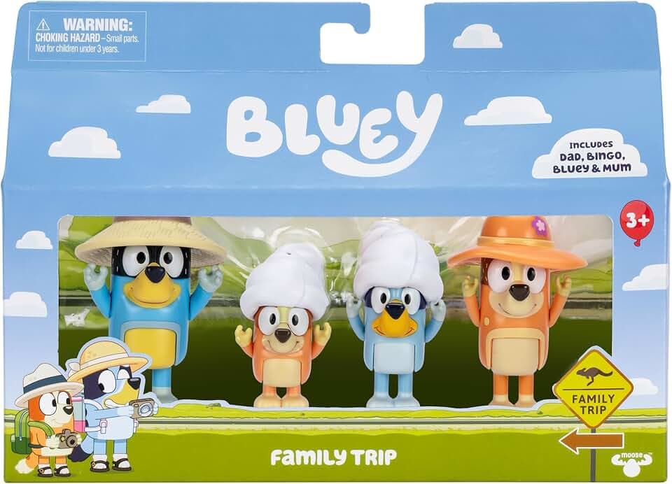 BlueY 4er-Figurenpackung Urlaub mit der Familie; bewegliche Figuren (6,3 cm), Bingo, Bandit und Chilli; mit Zubehörteilen; Nachspielen der besten Momente aus der Animationsserie