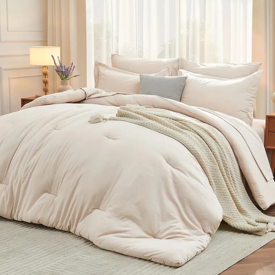 MUXHOMO Queen Comforter Set 7 Pieces, Soft Bed in a Bag, Beige