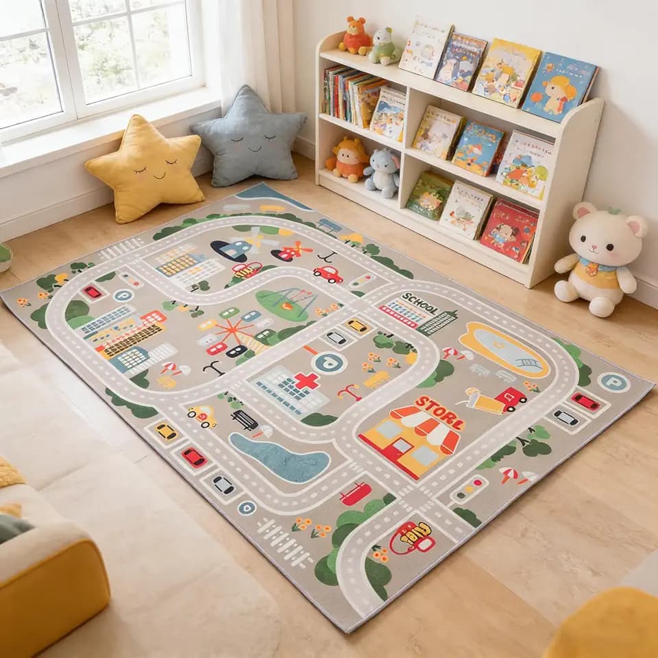 Autoteppich Spielteppich Straße ，Kinderteppich Jungen Straßenteppich，Bauteppich Fahrzeug Teppich Kinder(80×120cm,31×47inch)