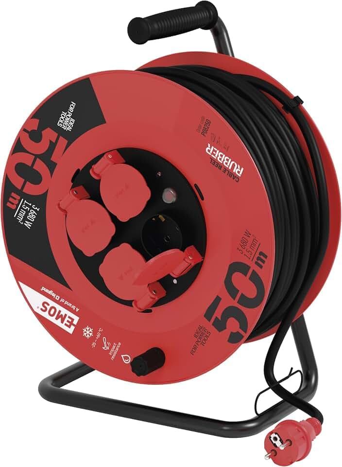 EMOS - Kabeltrommel 50m - 4 Schuko-Steckdosen - wasserdicht, schlagfest, hitze- & kältebeständig - 230V, 16A, 3680W - Gummi-Isolierung - H05RR-F3G 1,5 mm2 - IP44 für Außenbereich