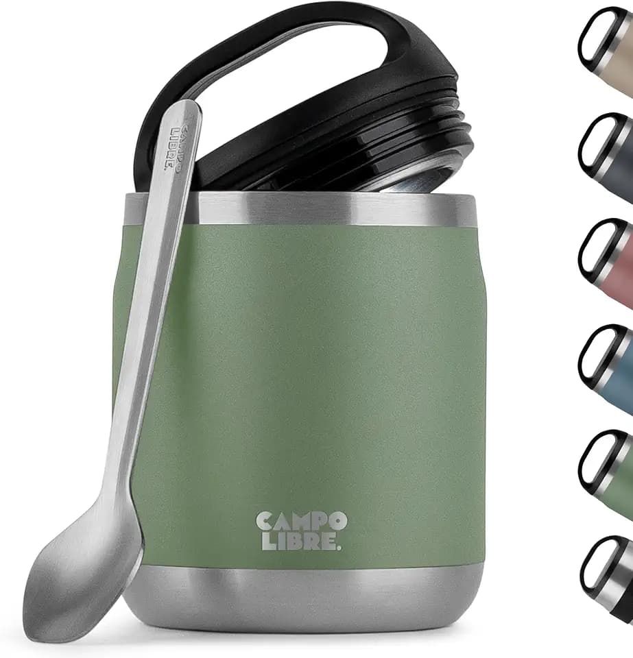 Campo Libre.® Lotta, Thermobehälter für Essen, Edelstahl Thermobecher Essen mit Löffel, Warmhaltebehälter Essen, Mueslicup oder Babybrei Warmhaltebox, Thermo-Essensbehälter, Green, 600ml