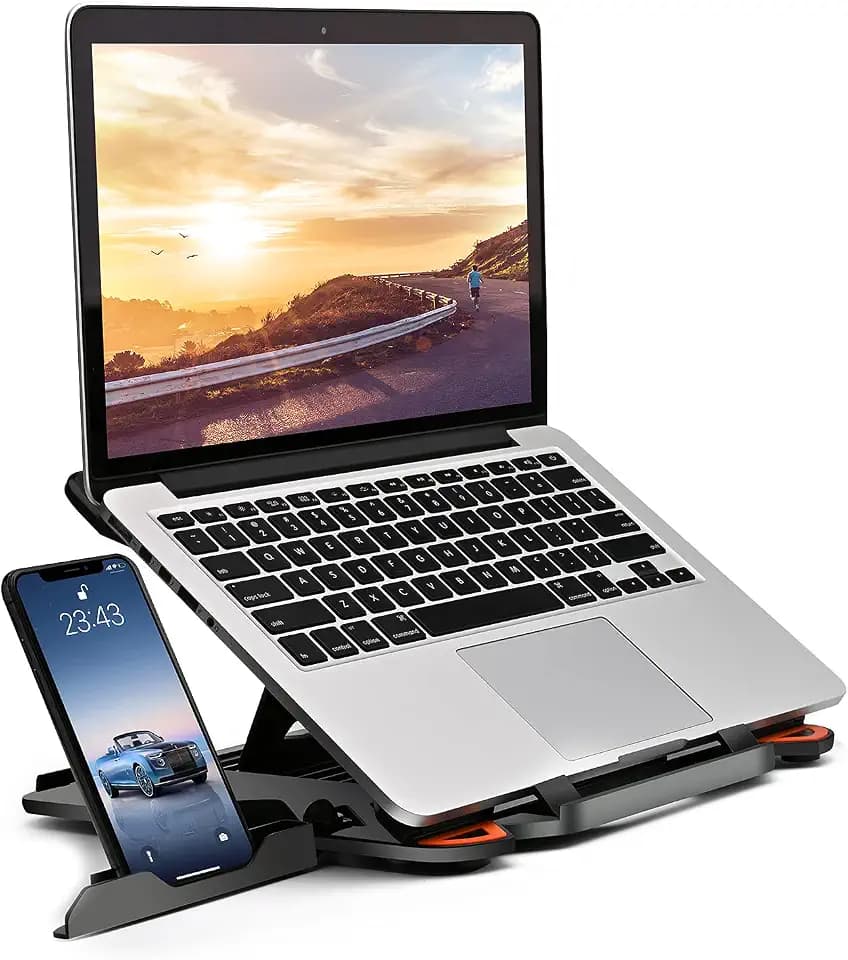 Ergonomic Adjustable Laptop Stand for Desk with Phone Holder & 360° Rotation - Foldable Portable Stand for 10-17" Laptops, MacBook Pro 16", Gaming Laptops, Tablets | Heavy-Duty & Ventilated Design