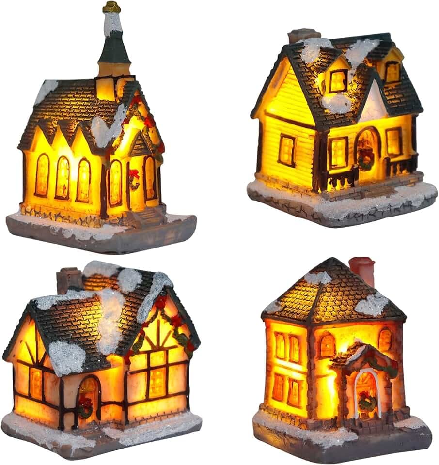 4pcs Weihnachtsdorf mit Beleuchtung Weihnachtsstadt, Weihnachtsdeko Häuser