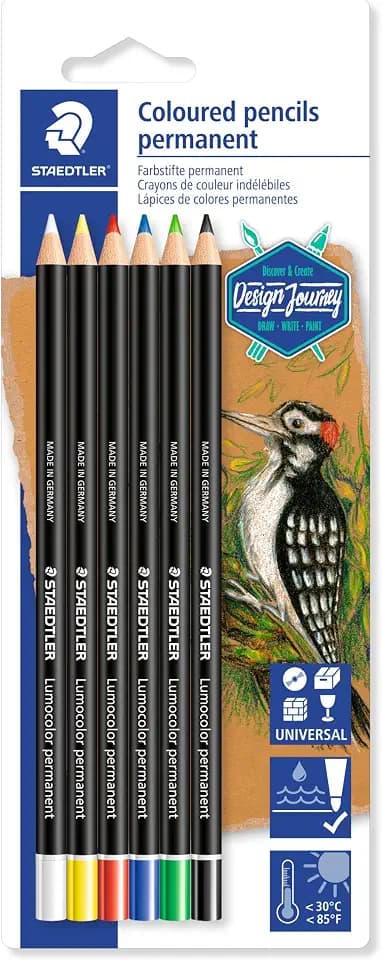 STAEDTLER 10820BK6-C Buntstift (wasserfester, Lumocolor permanent glasochrom, deckend auf dunklen und transparenten Flächen, schlägt nicht durch Papier, für viel Oberflächen) Blisterkarte mit 6 Farben