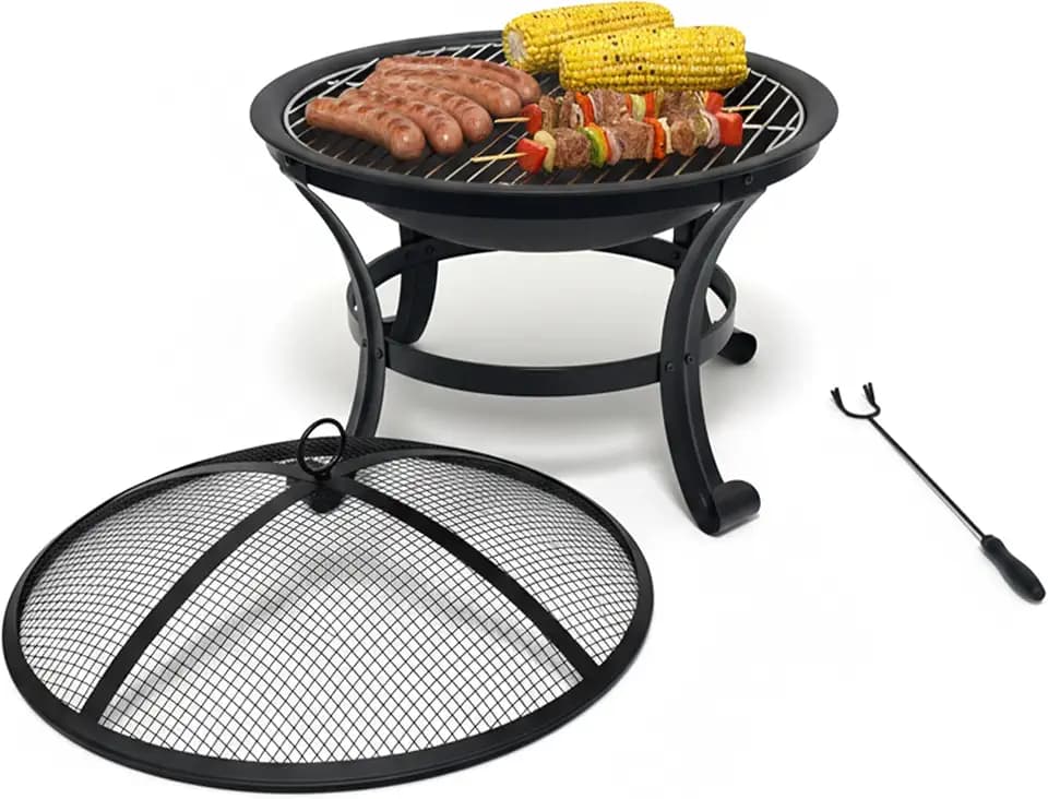 Relaxdays Feuerschale, Ø Schale 55 cm, mit Grillrost, Funkenschutz, schwarz