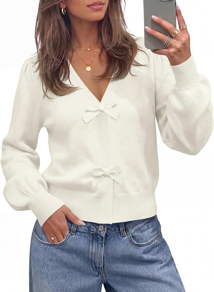 Saodimallsu Womens V Neck Bow Cardigan Puff Sleeve Ribbed Knit Crop Sweater