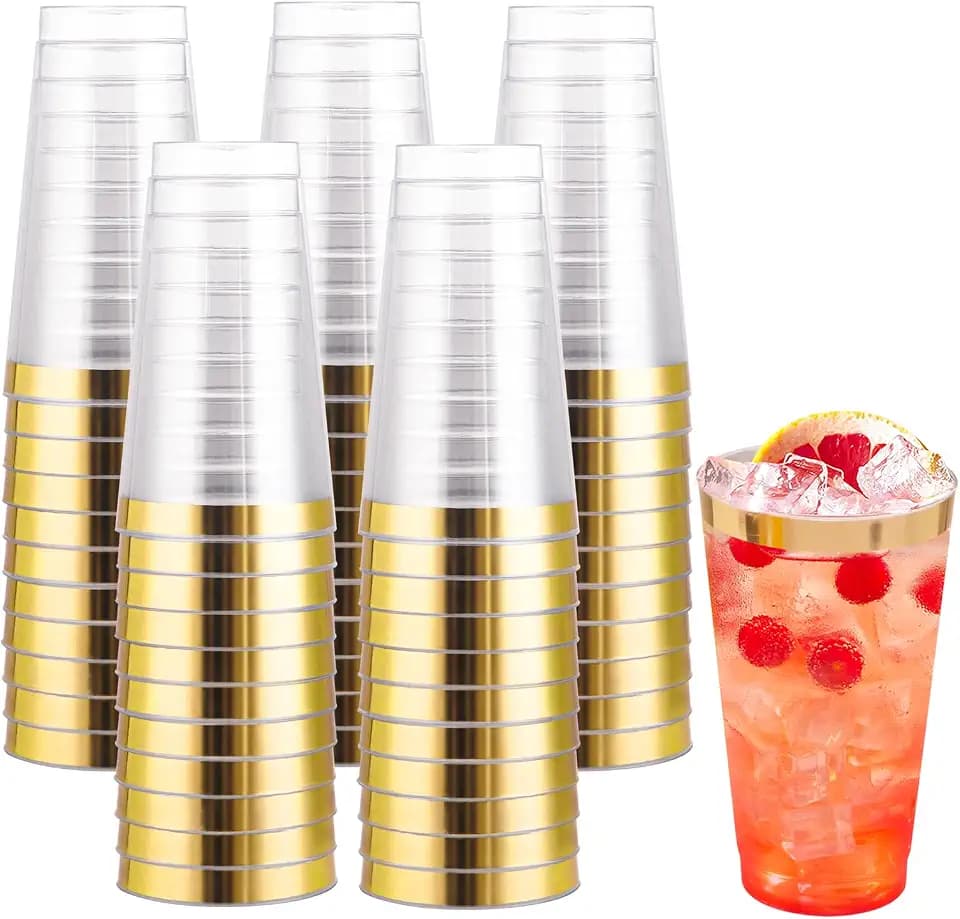 I00000 16 oz Gold Plastic Cups, 100 Pack Clear Plastic Cups with Gold Trim