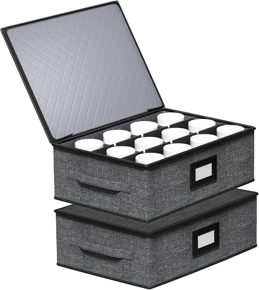 2-Pack Cup Storage Box with Dividers, Hard Shell Mug Organizer with Lid
