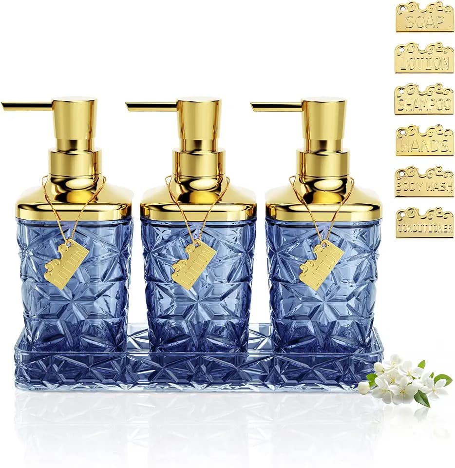 4Pack 12 Oz Blue Soap Dispenser Set with Gold Rust Proof Pump and Tray