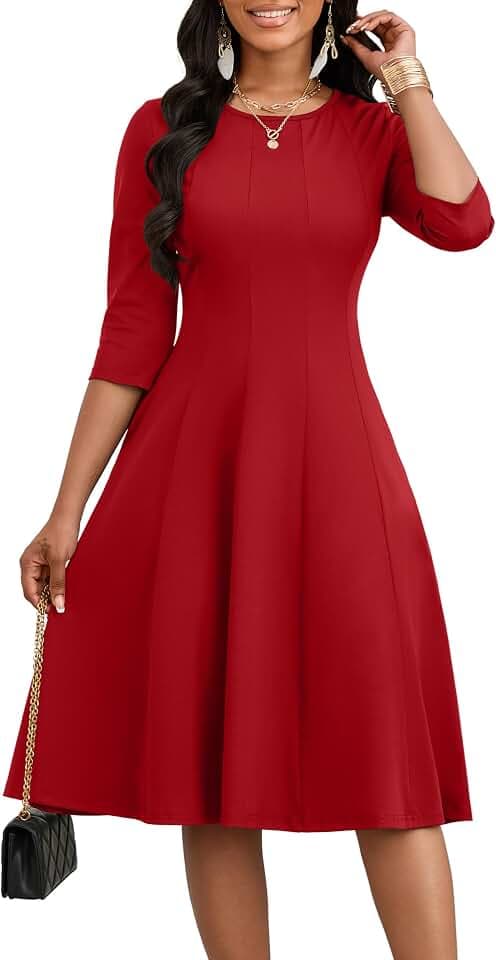 CLOCOR Midi Dresses Elegant Church 3/4 Sleeve Crew Neck Dress with Pocket
