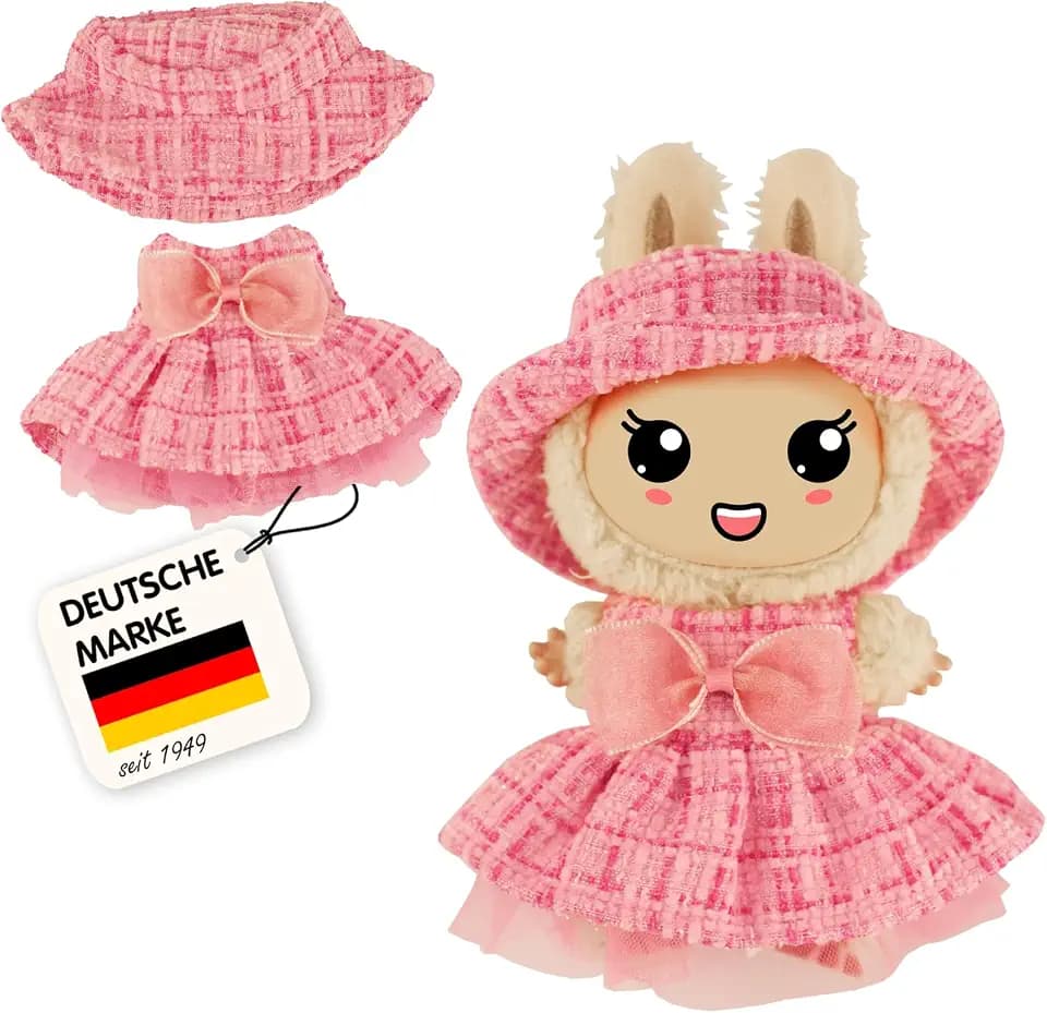 Heless Monster Styles 7514 - Bouclé Puppen-Kleid mit Fischerhut in Pink, mit Karo-Muster und Schleife, Kawaii Set für Monster der Größe 15 cm