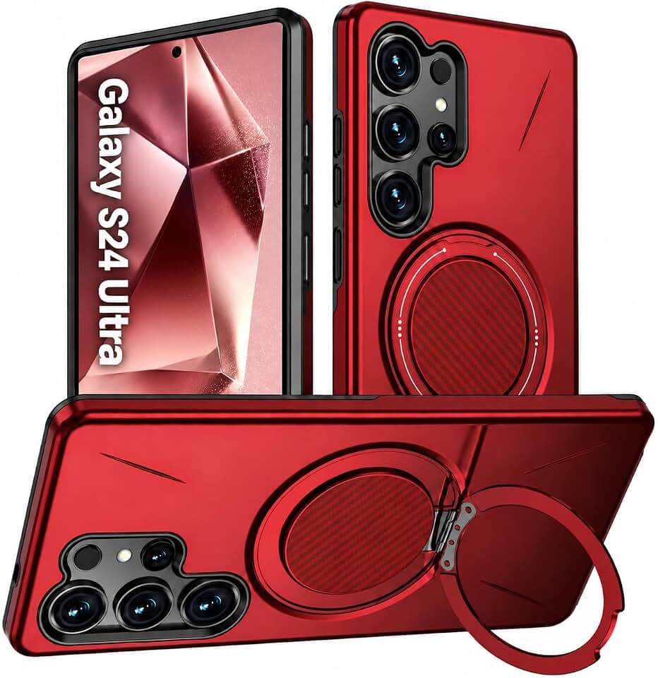 Vanki für Samsung Galaxy S24 Ultra Hülle Kompatibel mit Mag-Safe Samsung S24 Ultra handyhülle Magnetisch mit 360 Grad Ring Ständer S24U Schutzhülle aus flexiblem TPU und PC Doppelschutz (Rot)