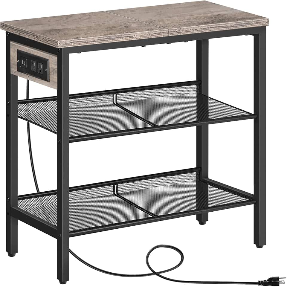 HOOBRO End Table, 3-Tier Narrow Side Table with Charging Station, Nightstand with 2 Flat or Slant Adjustable Shelves for Small Spaces, Living Room, Bedroom, Greige and Black BG23UBZ01G1