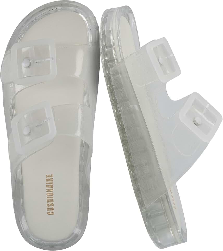 CUSHIONAIRE Pool Slides for Women Water Resistant Double Buckle Adjustable Slip-On Womens Sandals for Beach Shower Casual Wear