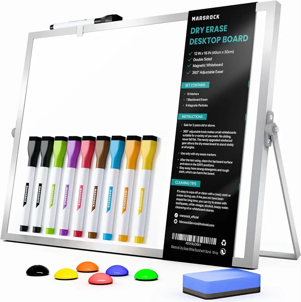 Marsrock Mini-Whiteboard A3 mit Ständer, zweiseitig, 30x40 cm, inkl. 10 Marker, 6 Magnete, 1 Schwamm. Tragbares Tisch White board für Planung, kleines magnetisches Whiteboard für Schule und Zuhause