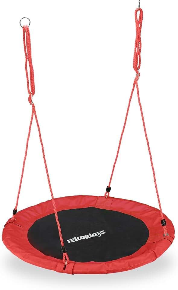 Relaxdays Unisex – Erwachsene, rot Nestschaukel, rund, für Kinder & Erwachsene, verstellbar, Ø 90 cm, Garten Tellerschaukel, bis 100 kg, H x D: ca. 5 x 90 cm