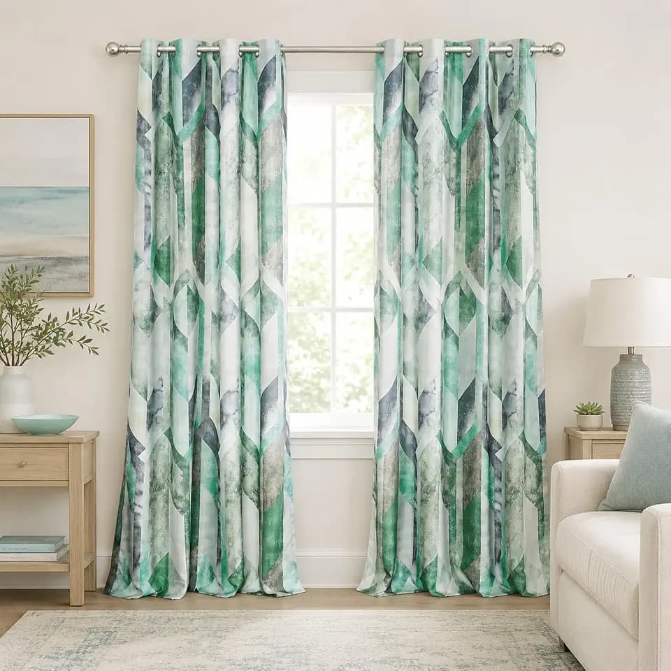 Leeva Geometric Linen Textured Curtains, Grommet, 52 x 84, 2 Panels, Cyan