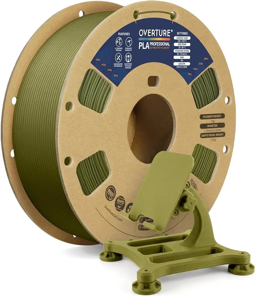 OVERTURE PLA PRO Filament 1,75 mm PLA+ Armeegrün Schlagzäh & Hohe Zähigkeit | Natürliche Farbwirkung • Hohe Schlagzähigkeit • ±0,02 mm Maßgenauigkeit • Geringer Verzug • Für gängige FDM-3D-Drucker
