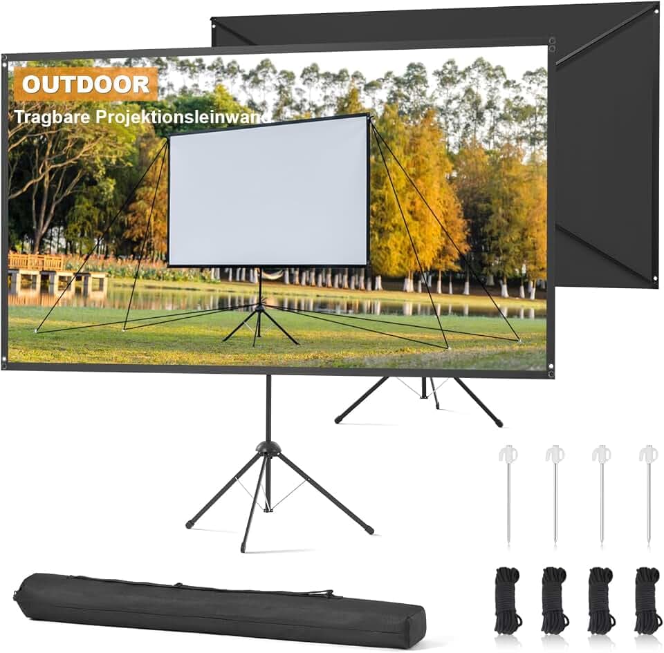 Beamer Leinwand Outdoor mit Stativ, 100 Zoll (16:9), Tragbare Beamer Leinwand, Windresistentes Design für Projektionsleinwand, inkl. Heringen & Seilen, Hohe Gainzahl, 4K Bild für Heimkino und Camping.