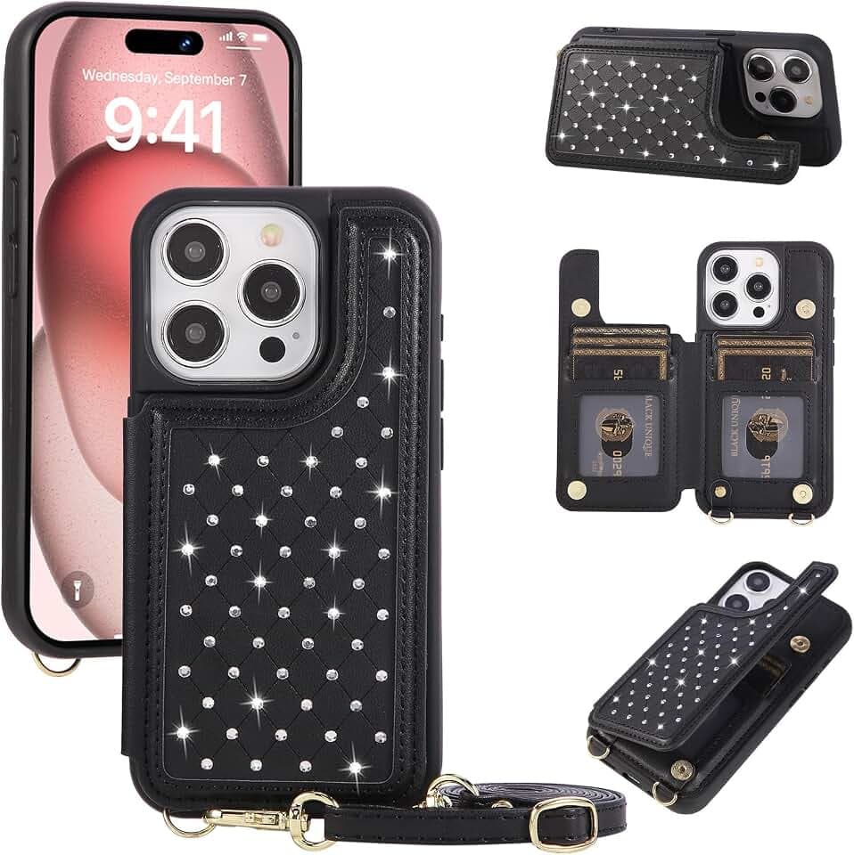 for iPhone 14 Pro Max Wallet Case with Card Holder Slots and Strap, RFID Blocking Magnetic Flip Folio Cover, Crossbody Purse Protection Case with Kickstand,Black Diamond