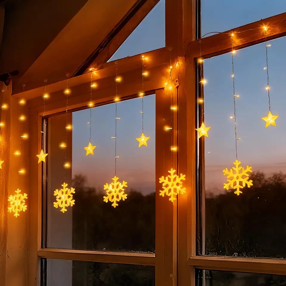 150 LED Schneeflocken Sterne Lichtervorhang Innen, 2.3M 6 Schneeflocken 6 Sterne Lichterkette Außen, LED Weihnachtsdeko Fenster mit 8 Modi, Timer und Memory-Funktion, Warmweiß