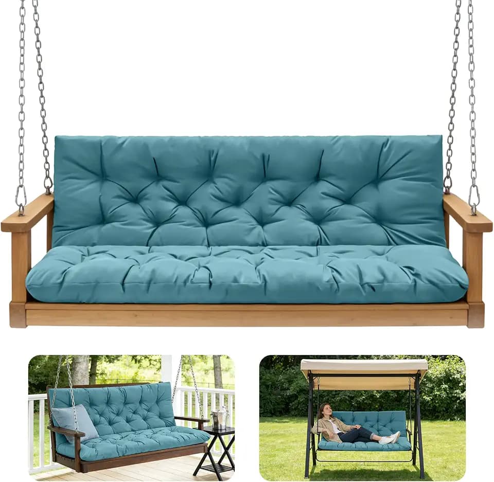 Outdoor Swing Cushions,Waterproof Swing Cushions 3 Seater Replacement with Backrest,Outdoor Thickened Bench Cushion with Ties for Porch,Patio,Backyard,Garden (Lake Blue 60 * 40 in)
