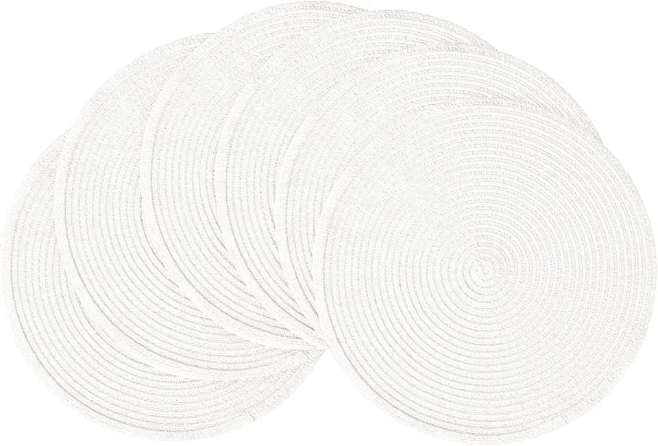 Floroom 15 Inch Round Braided Placemats Set of 6, Washable Heat Resistant Cotton Polyester Circle Place Mats for Kitchen Dining Table - White