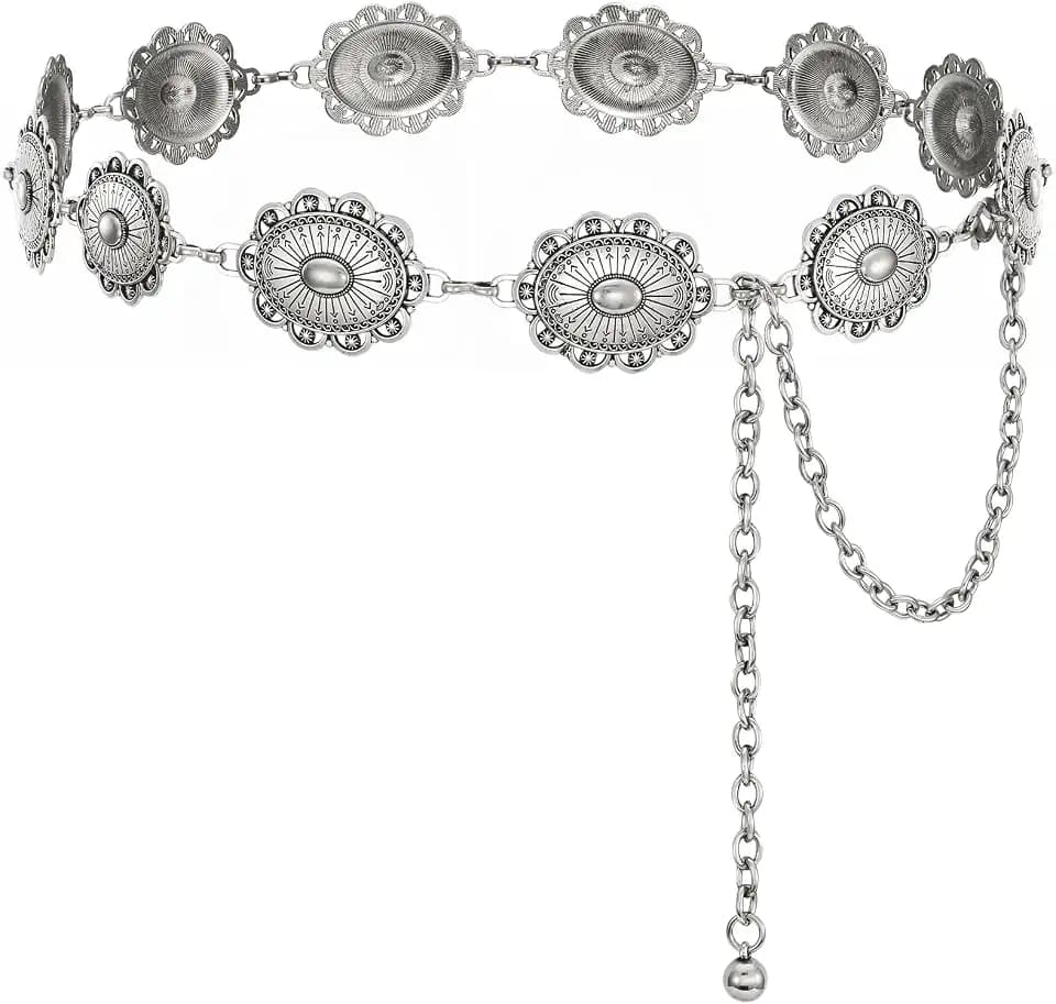 XZQTIVE Women Boho Chain Belts For Dresses Jeans Western Cowgirl Waist Links Belt Adjustable Metal Concho Belt