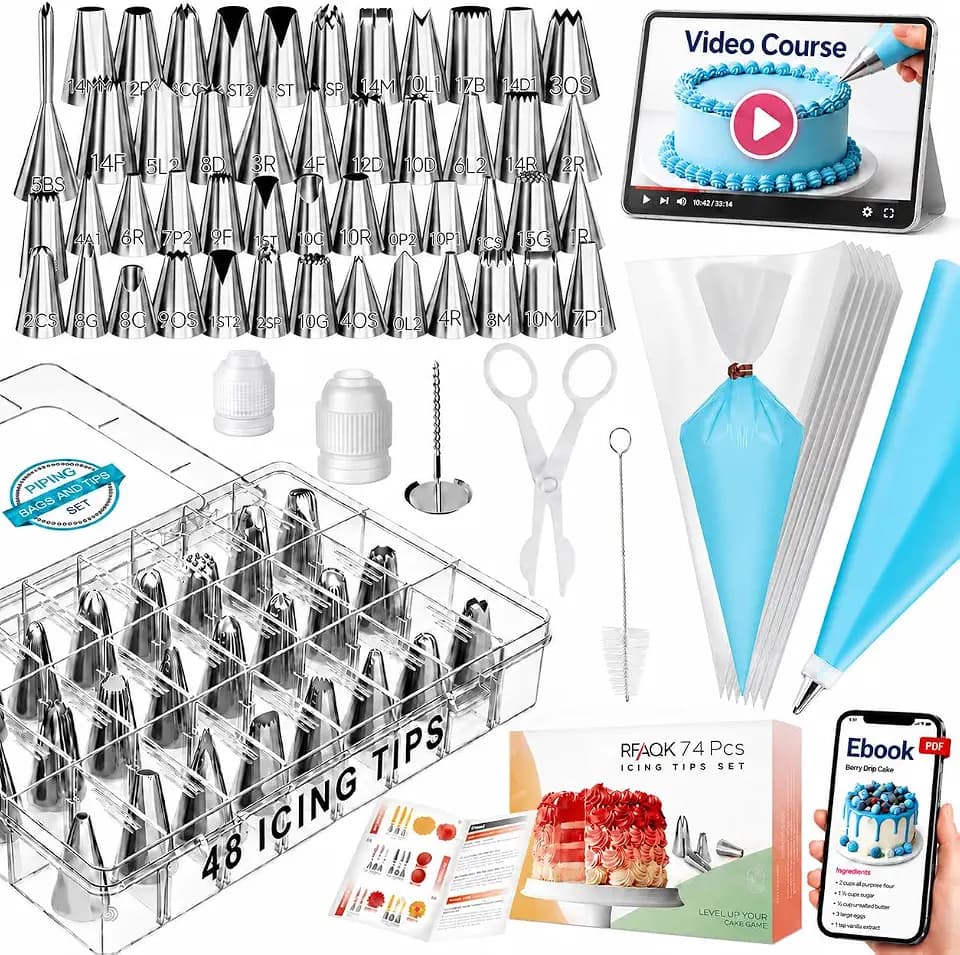RFAQK 74-teiliges Spritzbeutel und Spritztüllen-Set, Kuchendekorationsset mit 48 nummerierten Spritztüllen, 20 + 1 Spritzbeutel für Kekse, Cupcake, Kuchendekoration, Kuchendekorations-Spitzen-Set mit