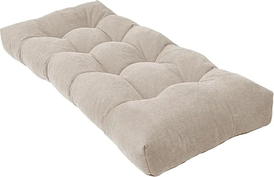 42 Inch Bench Cushion, Tufted Window Seat Cushion with High-Density Memory Foam, Soft Chenille Non-Slip Indoor Furniture Pad for Bay Window, Dining Bench, Entryway (Oyster White, 42x16x4)