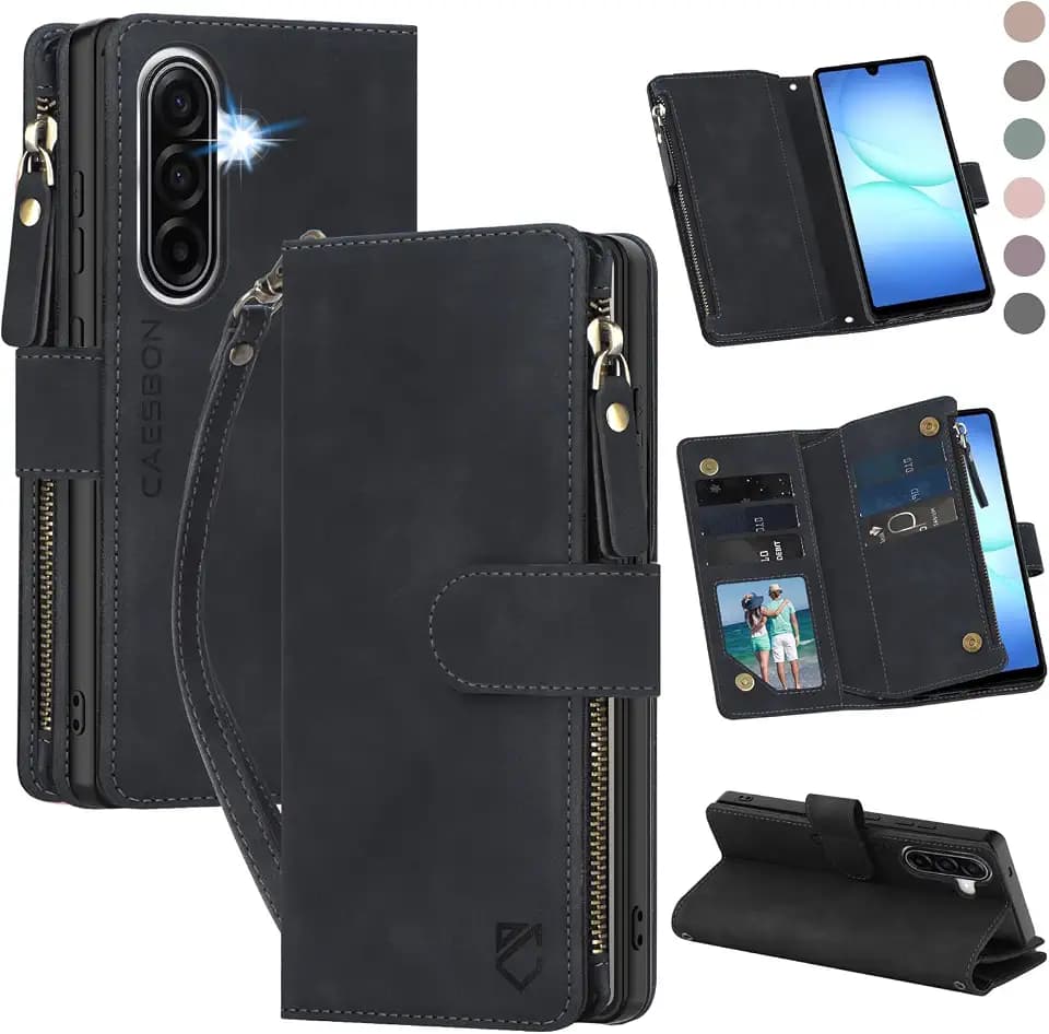 for Samsung Galaxy A17-5G-Wallet Case: with RFID Blocking Card Slots (6 Cards) | Soft PU Leather Magnetic Snap Zipper Pocket | Crossbody Wrist Strap Protective Phone Cover - Black