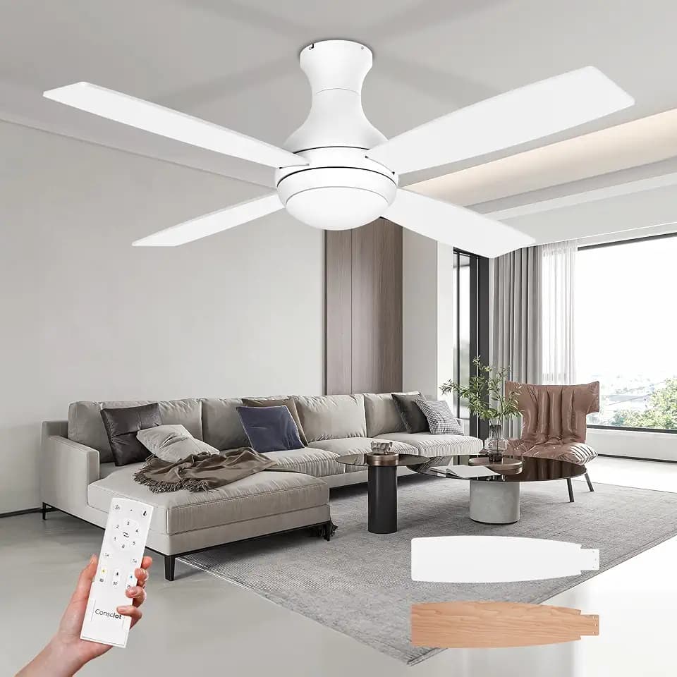 Consciot Deckenventilator mit Lichtern, 132 cm (52 Zoll), flacher Deckenventilator, Fernbedienung, leiser reversibler Gleichstrommotor, dimmbare dreifarbige Temperaturen, LED, 4 Doppel-Finish-Klingen,